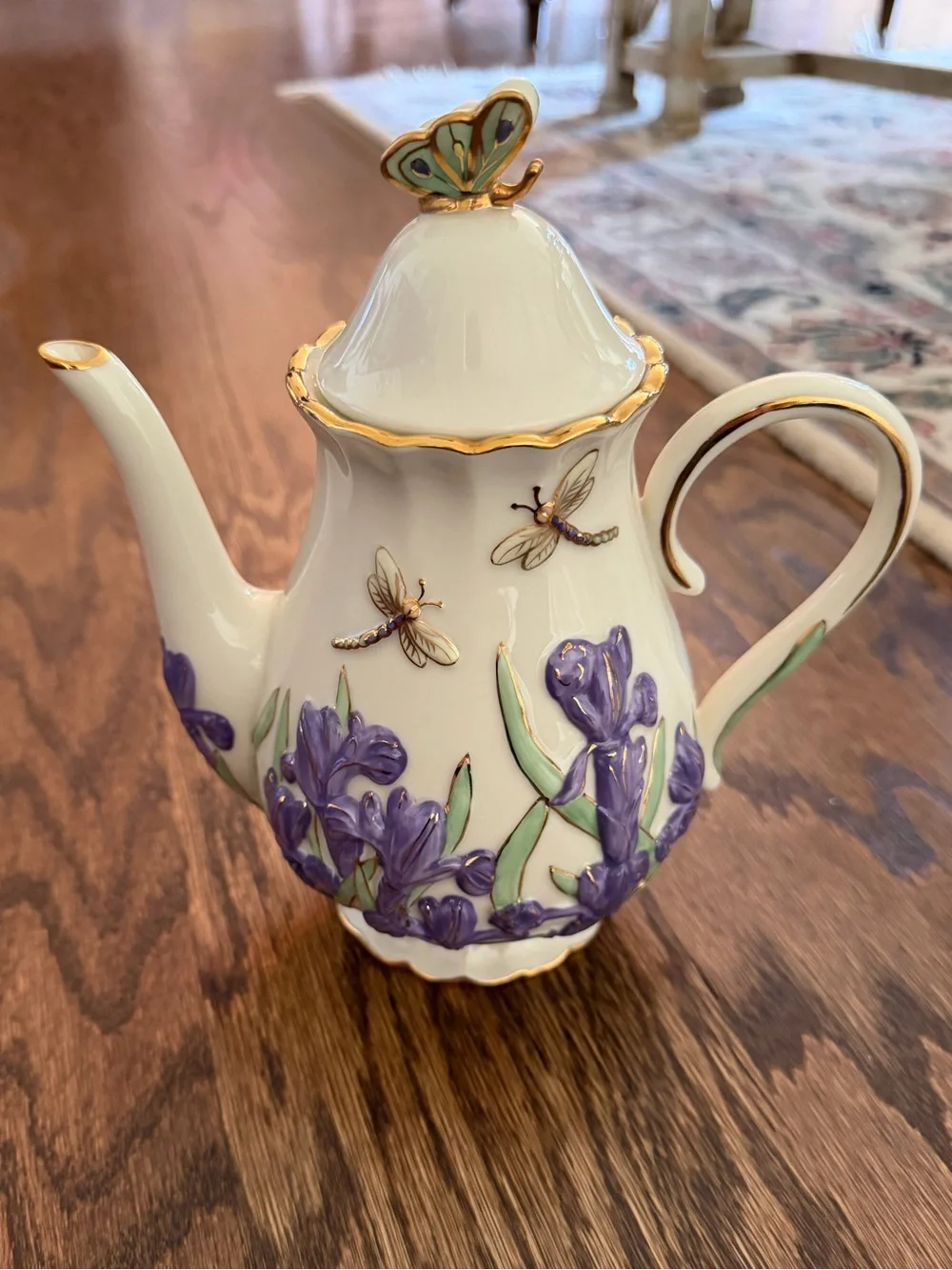 Lenox White Porcelain Springtime Splendor Teapot with Purple Iris and Gold Trim